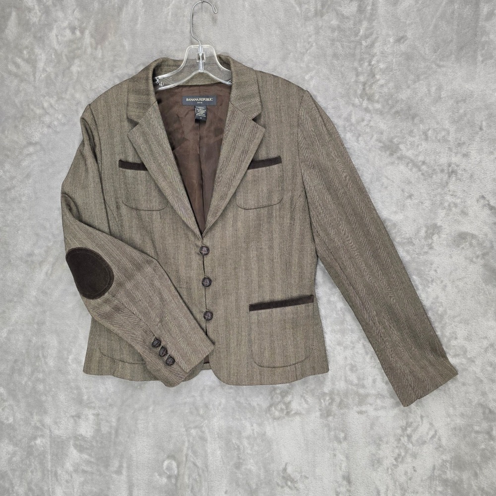 Banana Republic Blazer Women14 Brown Elbow Patch Fall Equestrian Preppy Academia